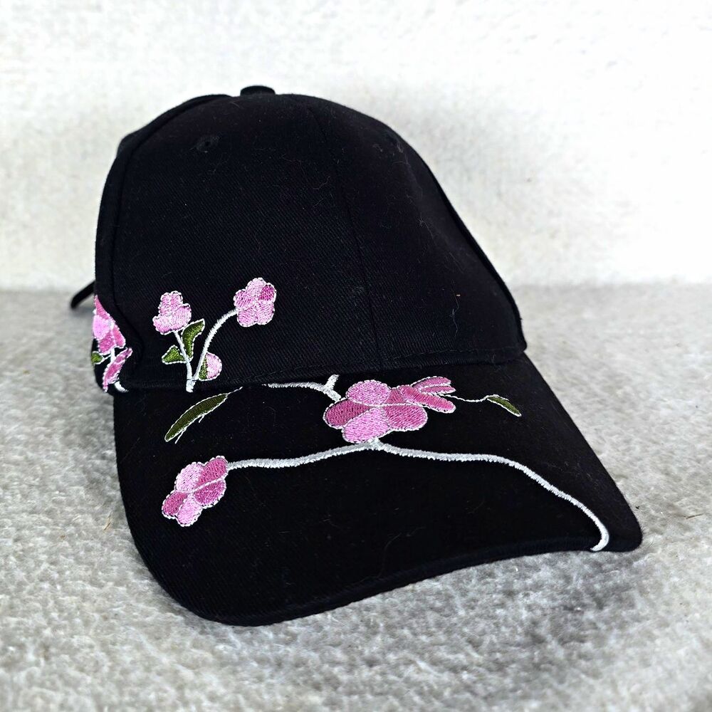 Black Baseball Cap Delicate Pink Plum Cherry Blossoms Embroidery Feminine